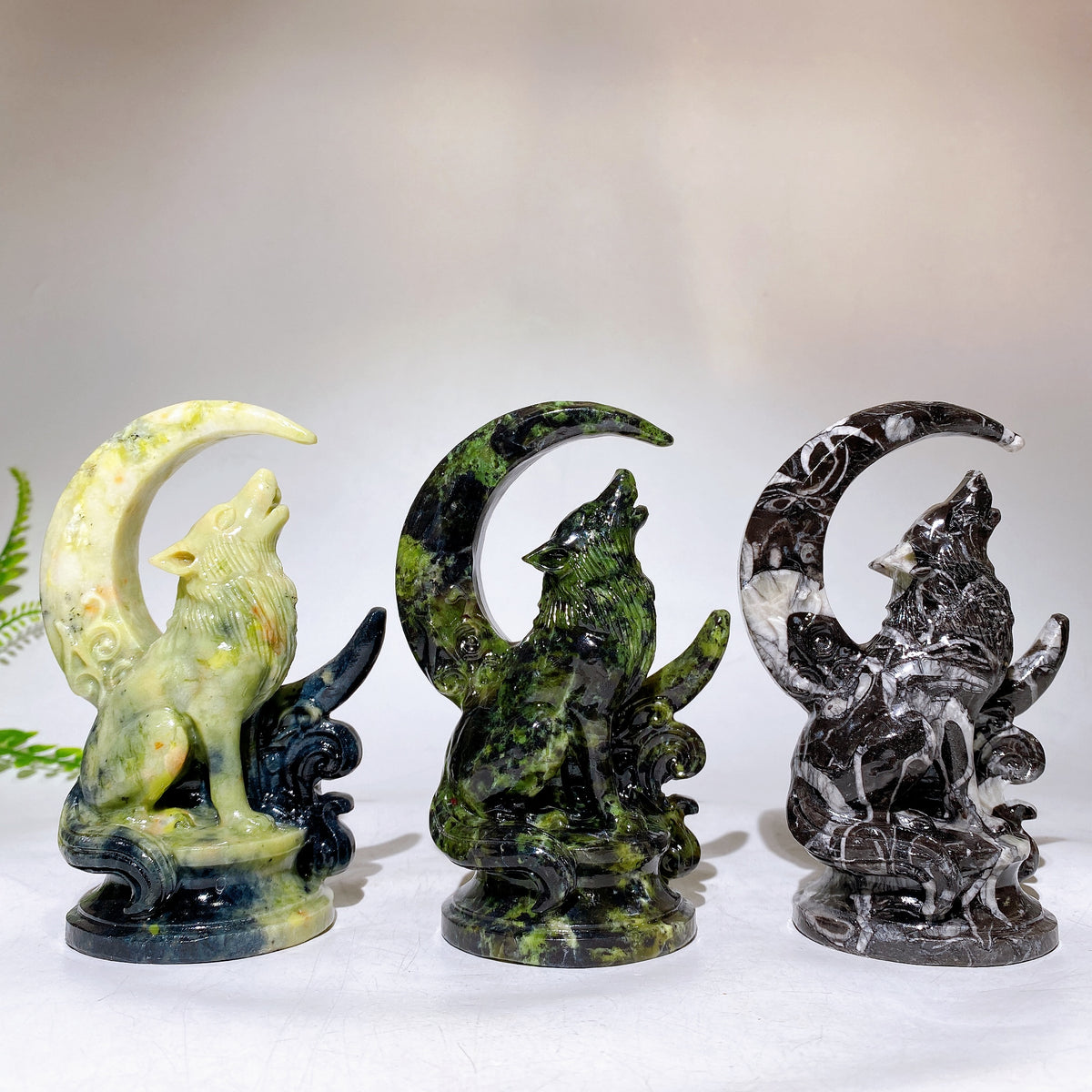 5.1" Natural Serpentine Fossil Stone Wolf Moon Carving Wholesale New Arrival