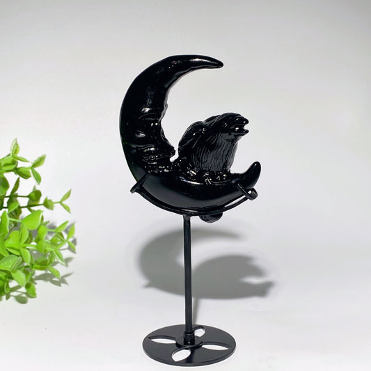 3.3" Black Obsidian Moon Face Raven Carvings with Stand for Halloween Decor Bulk Wholesale