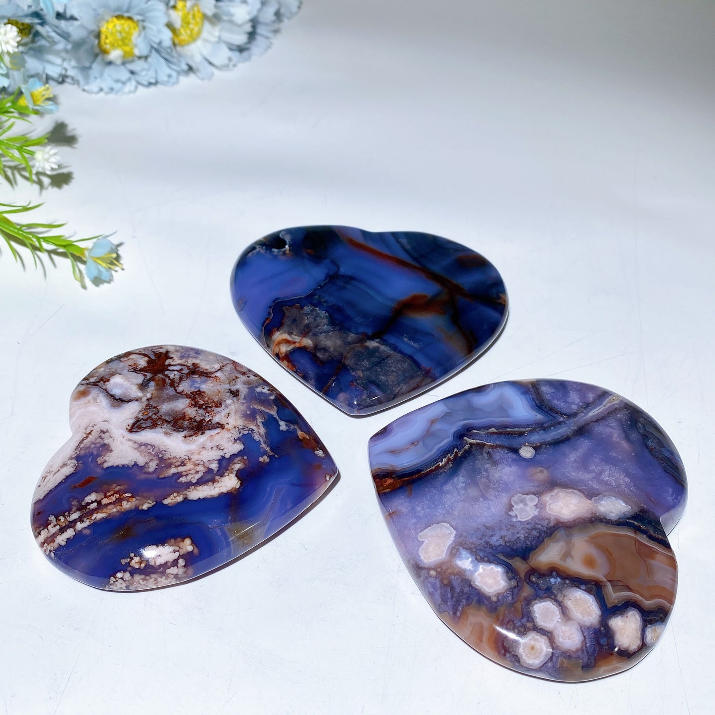 3.0"-4.0" Blue Flower Agate Heart Carvings Bulk Wholesale