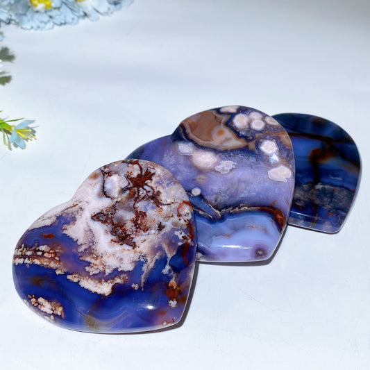 3.0"-4.0" Blue Flower Agate Heart Carvings Crystal Healing Bulk Wholesale