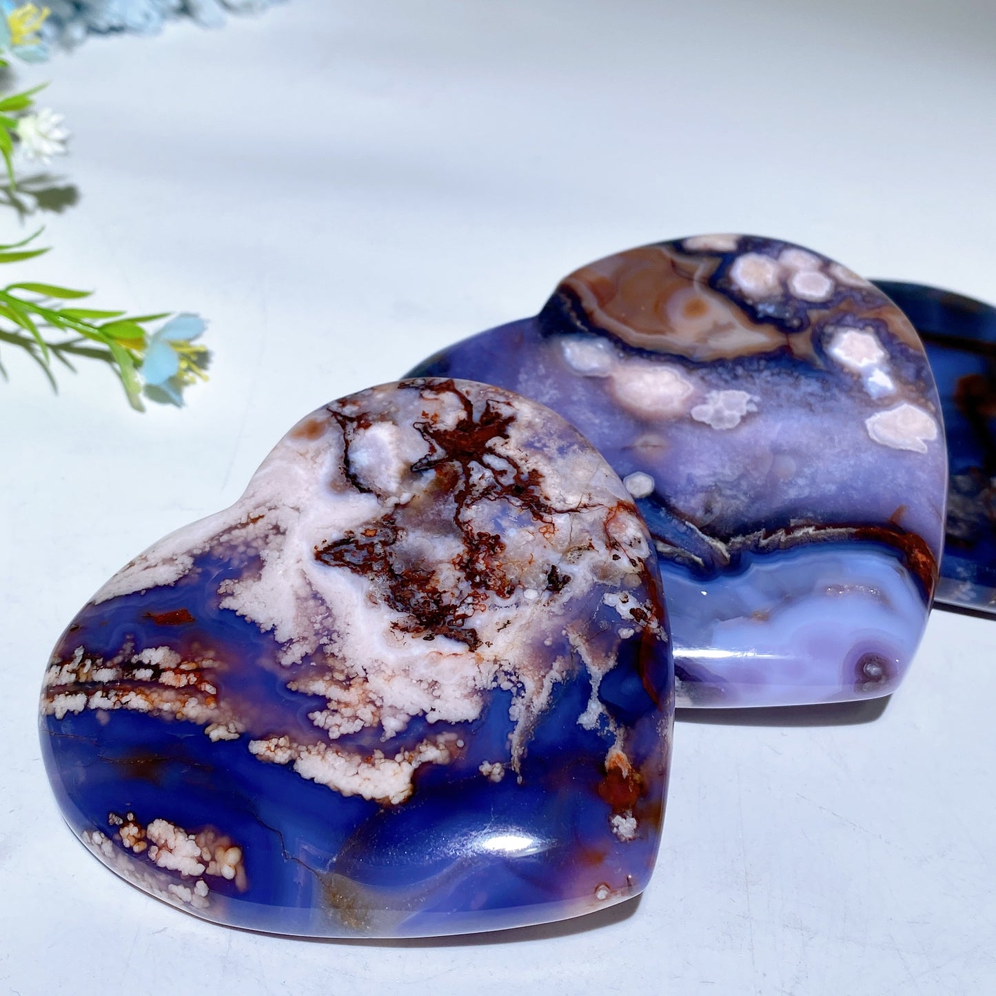 3.0"-4.0" Blue Flower Agate Heart Carvings Bulk Wholesale