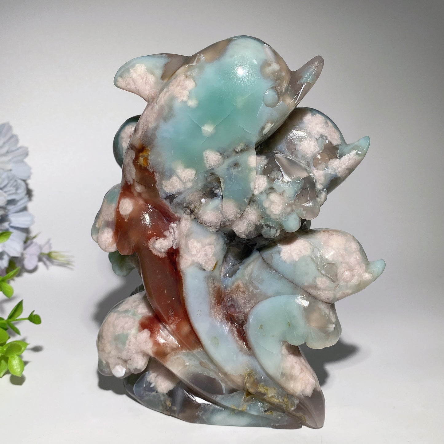 6.6" Large Unique Natural Green Flower Dolphins Carvings Crystal Healing