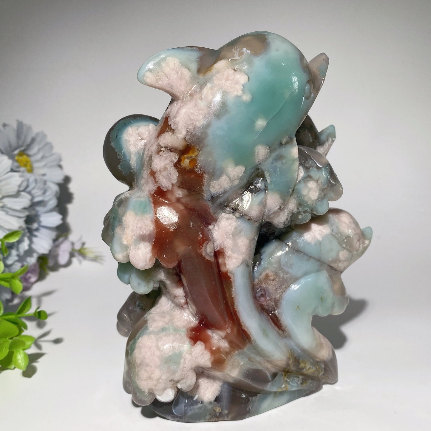 6.6" Large Unique Natural Green Flower Dolphins Carvings Crystal Healing