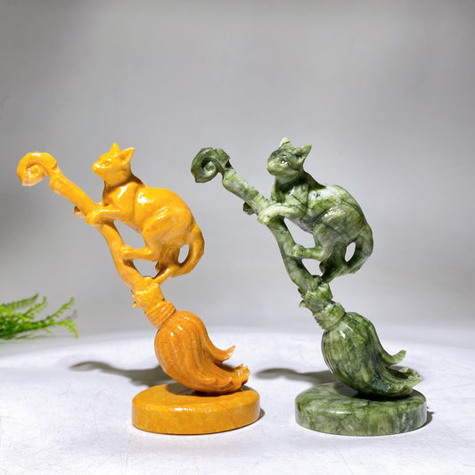 13cm Yellow Jade Serpentine Cat on Broom Carving for Halloween Wholesale New Arrival