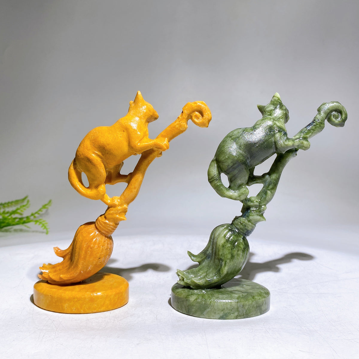 13cm Yellow Jade Serpentine Cat on Broom Carving for Halloween Wholesale New Arrival