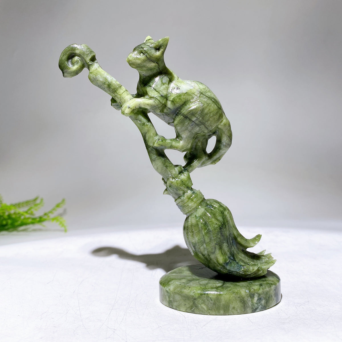 13cm Yellow Jade Serpentine Cat on Broom Carving for Halloween Wholesale New Arrival