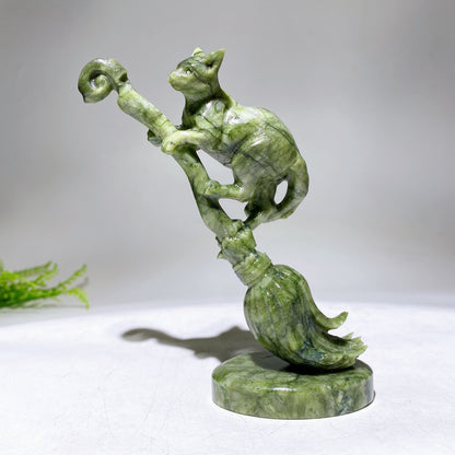 13cm Yellow Jade Serpentine Cat on Broom Carving for Halloween Wholesale New Arrival
