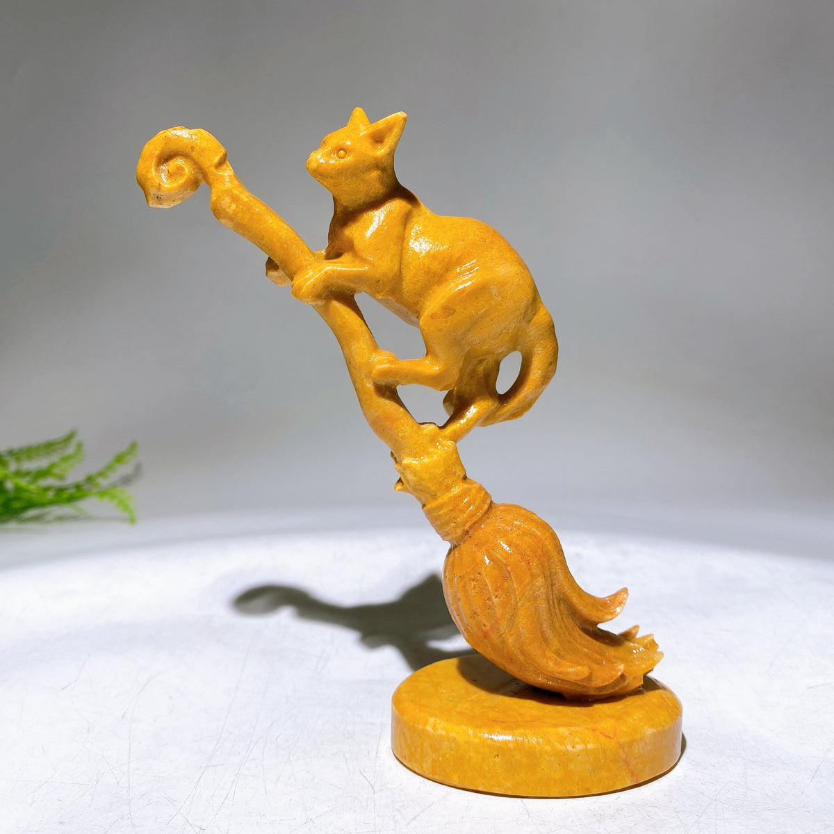 13cm Yellow Jade Serpentine Cat on Broom Carving for Halloween Wholesale New Arrival