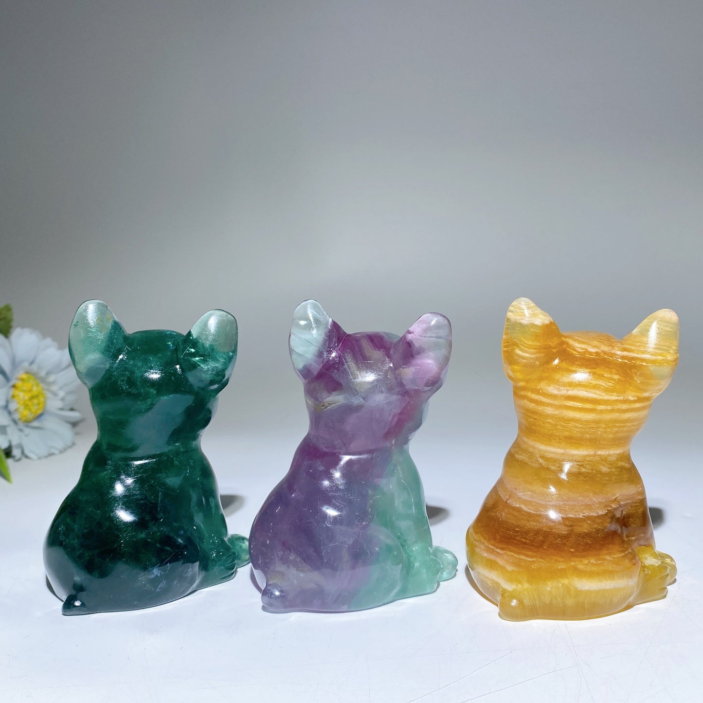 3.6" Green Purple Yellow Fluorite Dog Carvings Bulk Wholesale