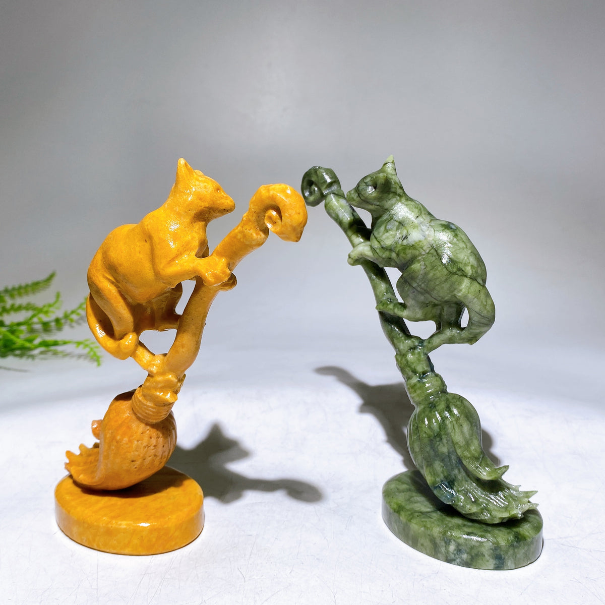 13cm Yellow Jade Serpentine Cat on Broom Carving for Halloween Wholesale New Arrival