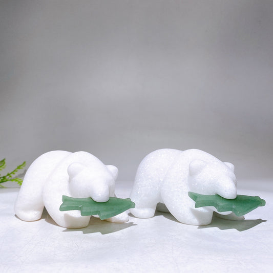 4.0" White Jade Bear Biting Green Aventurine Fish Carving Wholesale New Arrival