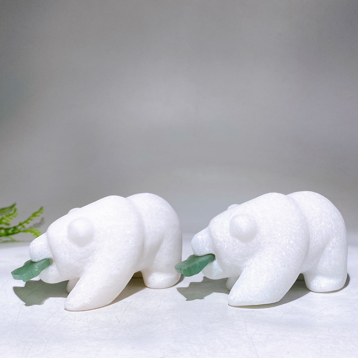 4.0" White Jade Bear Biting Green Aventurine Fish Carving Wholesale New Arrival