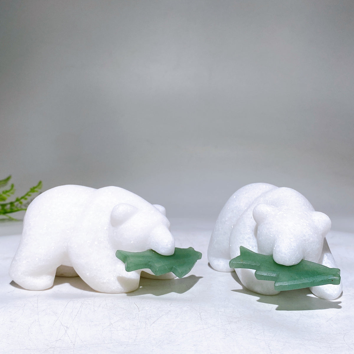 4.0" White Jade Bear Biting Green Aventurine Fish Carving Wholesale New Arrival