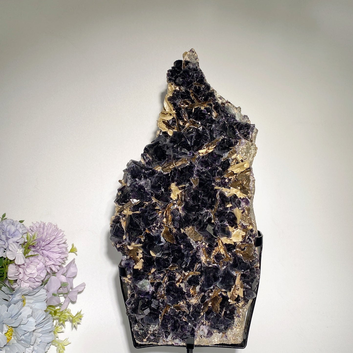 Large Unique Dark Purple Fluorite Specimen Growing with Calcite Pyrite