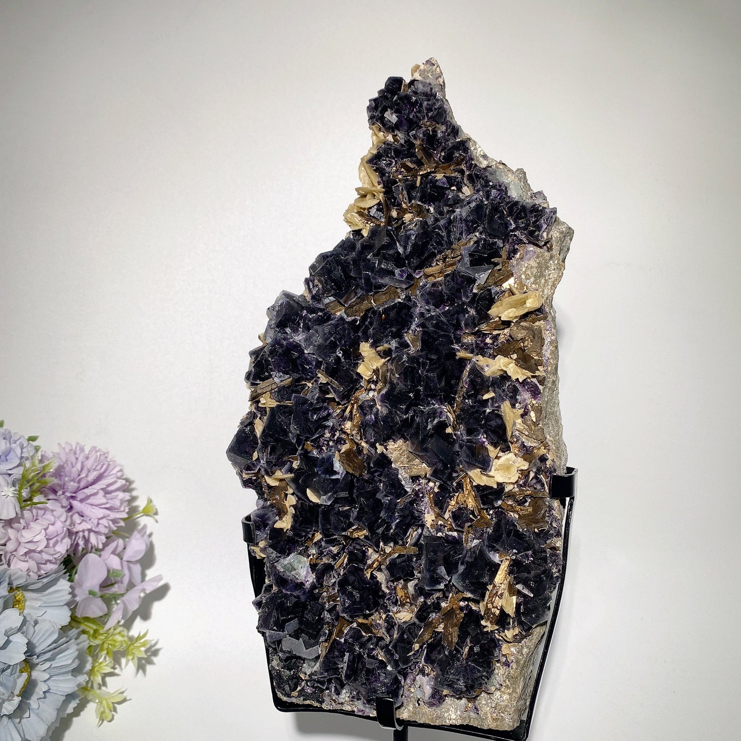 Large Unique Dark Purple Fluorite Specimen Growing with Calcite Pyrite Crystal Healing