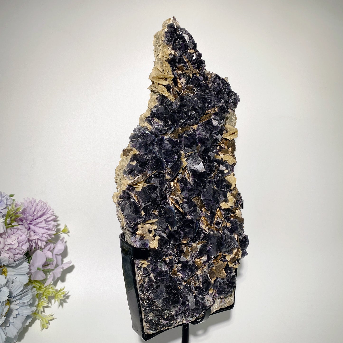 Large Unique Dark Purple Fluorite Specimen Growing with Calcite Pyrite Crystal Healing