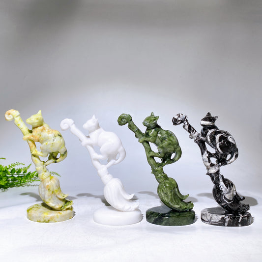 13cm Yellow Jade Serpentine Cat on Broom Carving for Halloween Wholesale New Arrival