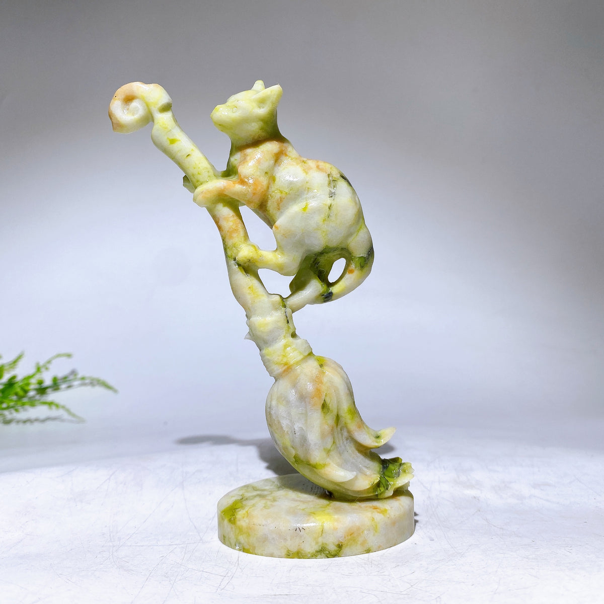 13cm Yellow Jade Serpentine Cat on Broom Carving for Halloween Wholesale New Arrival