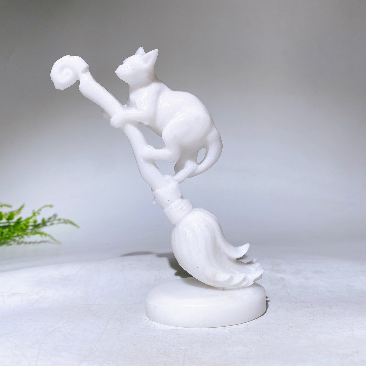 13cm Yellow Jade Serpentine Cat on Broom Carving for Halloween Wholesale New Arrival