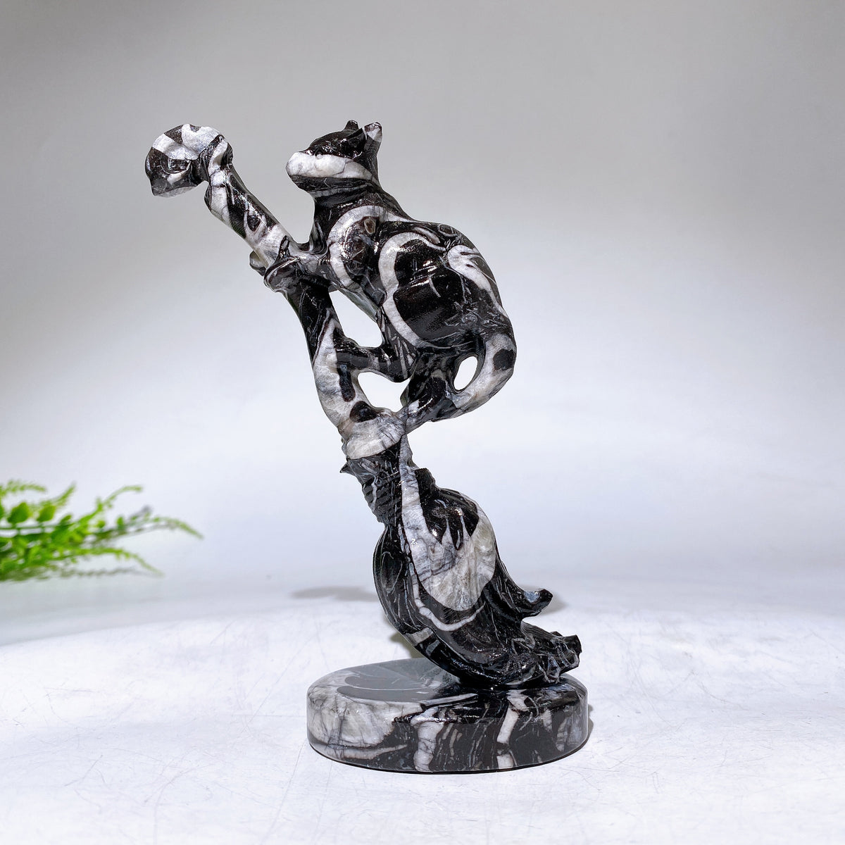 13cm Yellow Jade Serpentine Cat on Broom Carving for Halloween Wholesale New Arrival