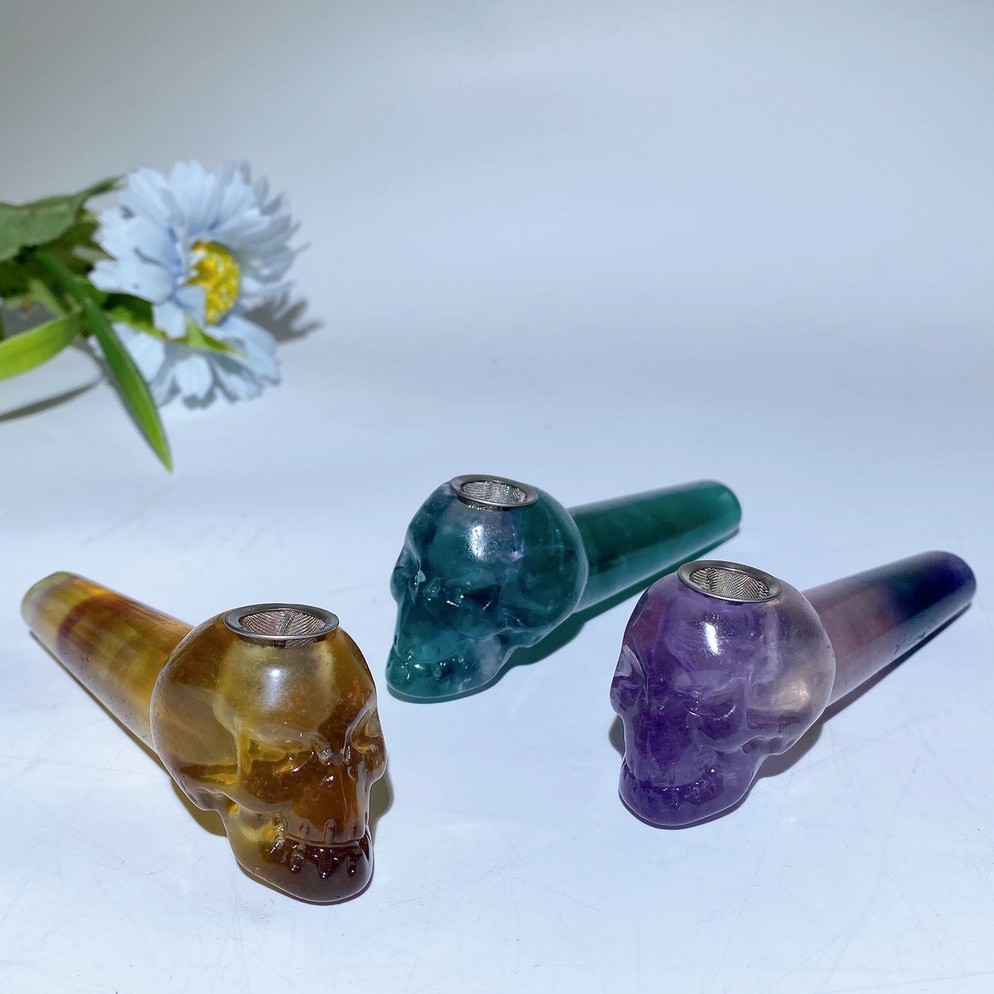 3.9" Yellow Green Purple Fluorite Smoking Pipe with Skull Carving Crystal Healing Bulk Wholesale