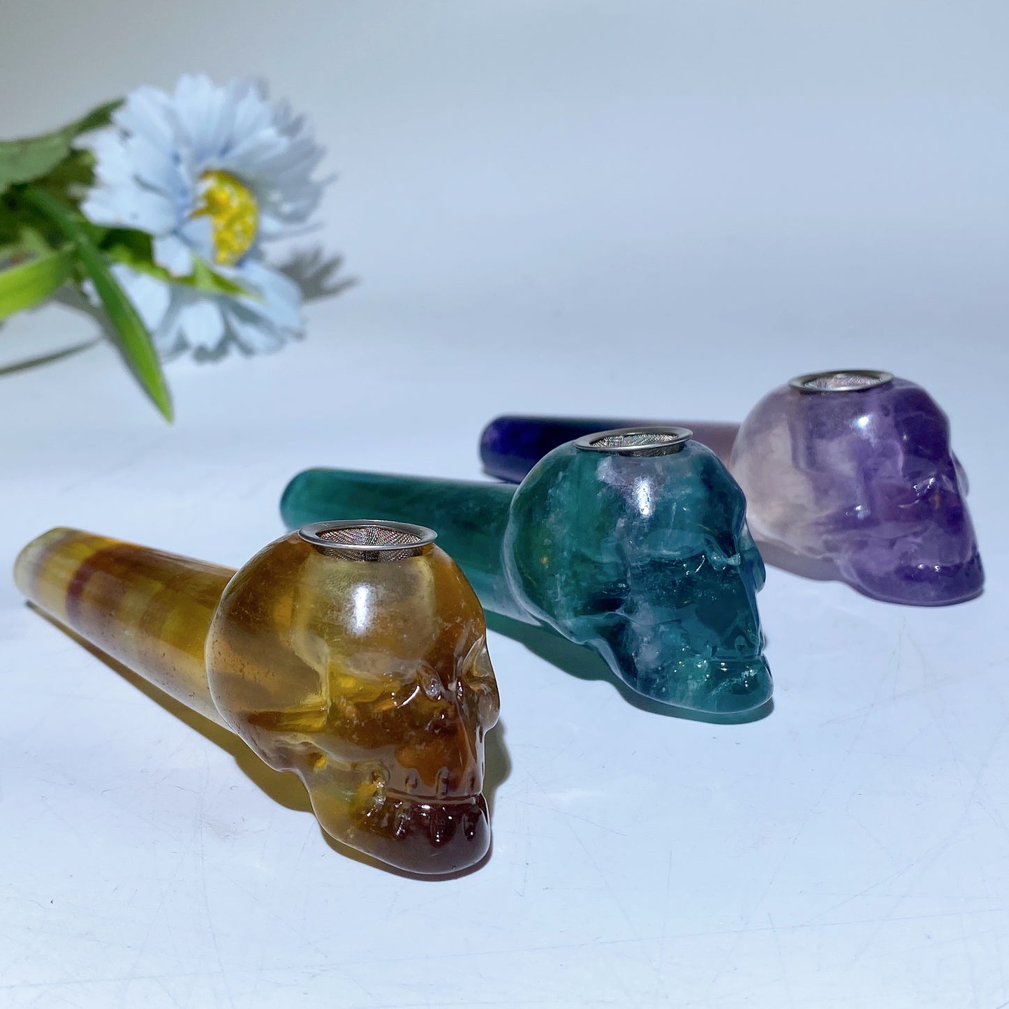 3.9" Yellow Green Purple Fluorite Smoking Pipe with Skull Carving Crystal Healing Bulk Wholesale