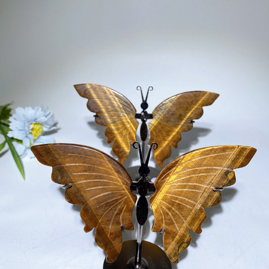 Yellow Tiger's Eye Butterfly Carvings with Stand Free Form