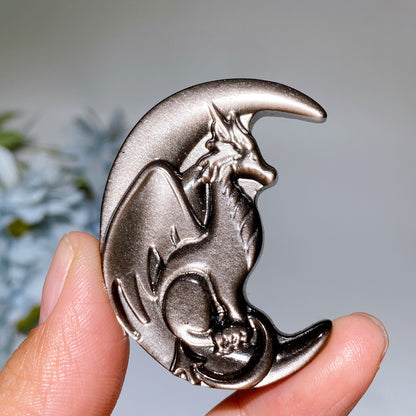1.5"-1.9" Silver Obsidian Moon Face with Animal Carving Crystal Healing Bulk Wholesale