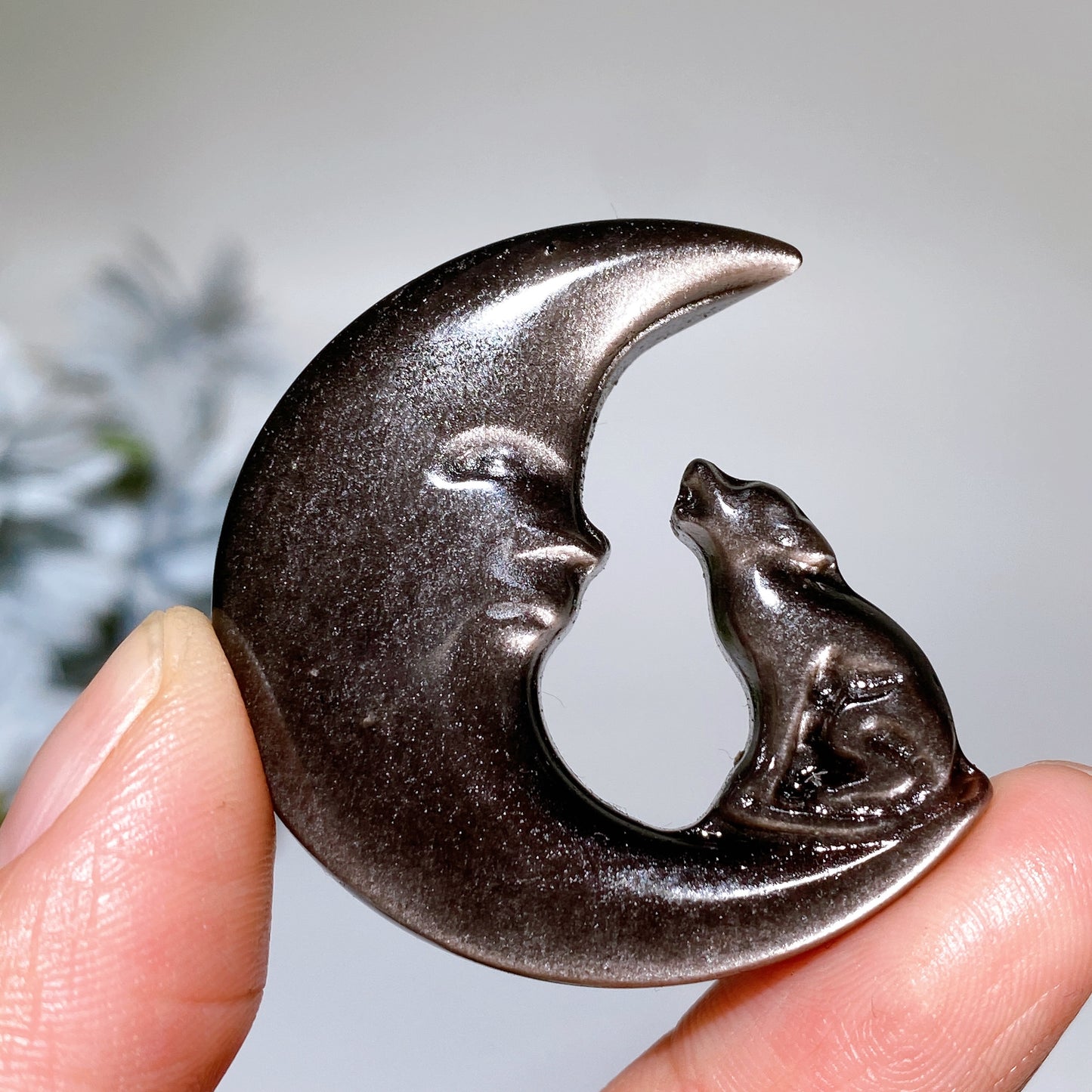 1.5"-1.9" Silver Obsidian Moon Face with Animal Carving Crystal Healing Bulk Wholesale
