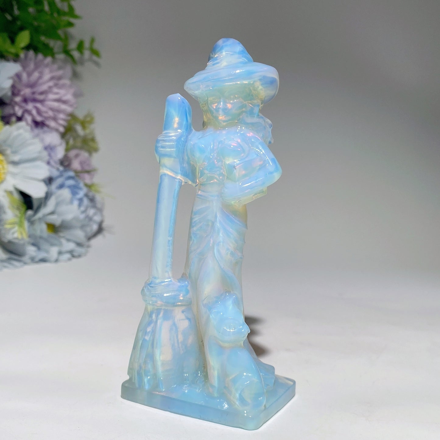 4.8" Mixed Crystal Witch with Broom Cat Carvings Bulk Wholesale