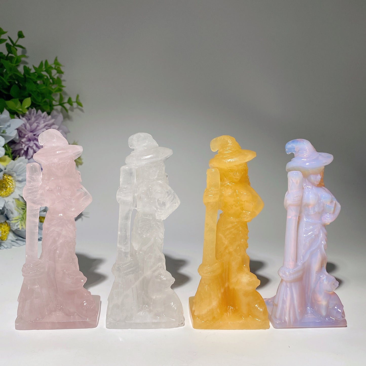 4.8" Mixed Crystal Witch with Broom Cat Carvings Bulk Wholesale