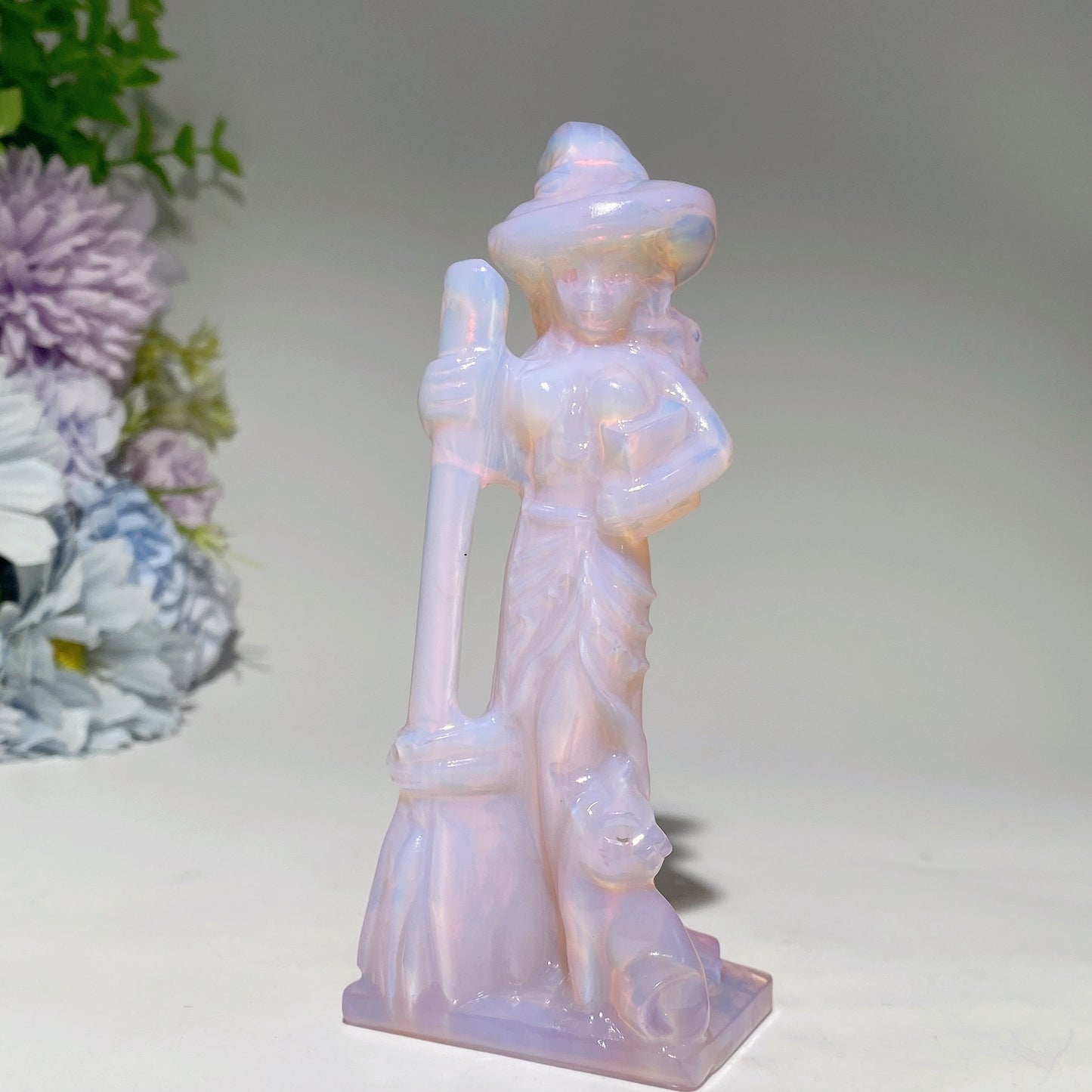 4.8" Mixed Crystal Witch with Broom Cat Carvings Bulk Wholesale