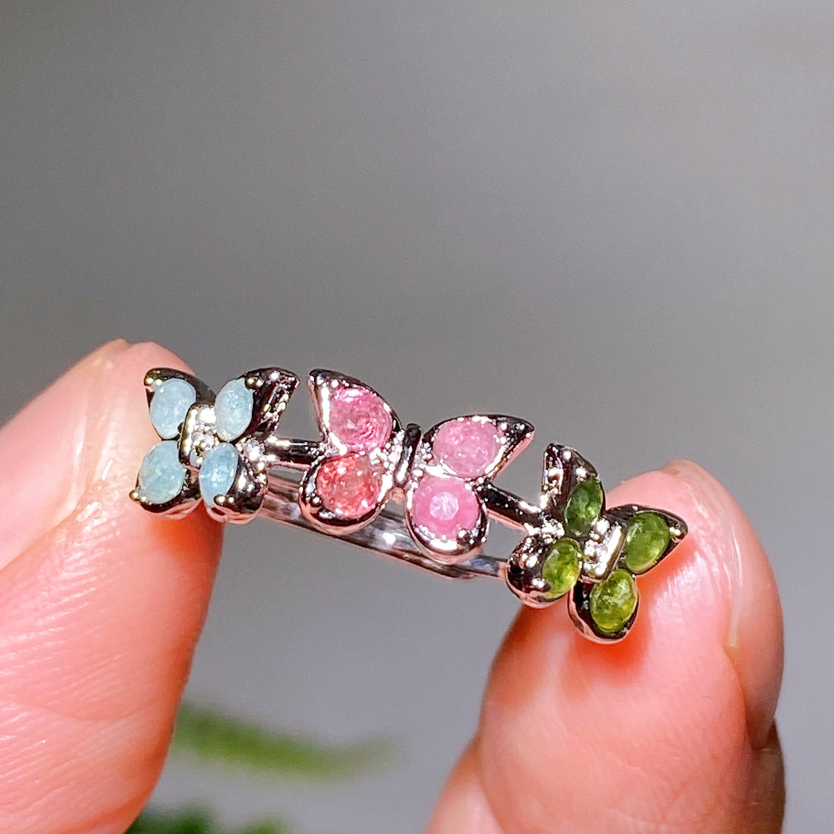 925 Silver Rainbow Tourmaline Butterfly Adjutable Ring Wholesale New Arrival