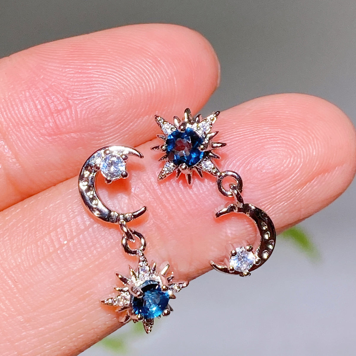 Copper Silver Plated Blue Topaz Sun Moon Star Earrings Wholesale New Arrival