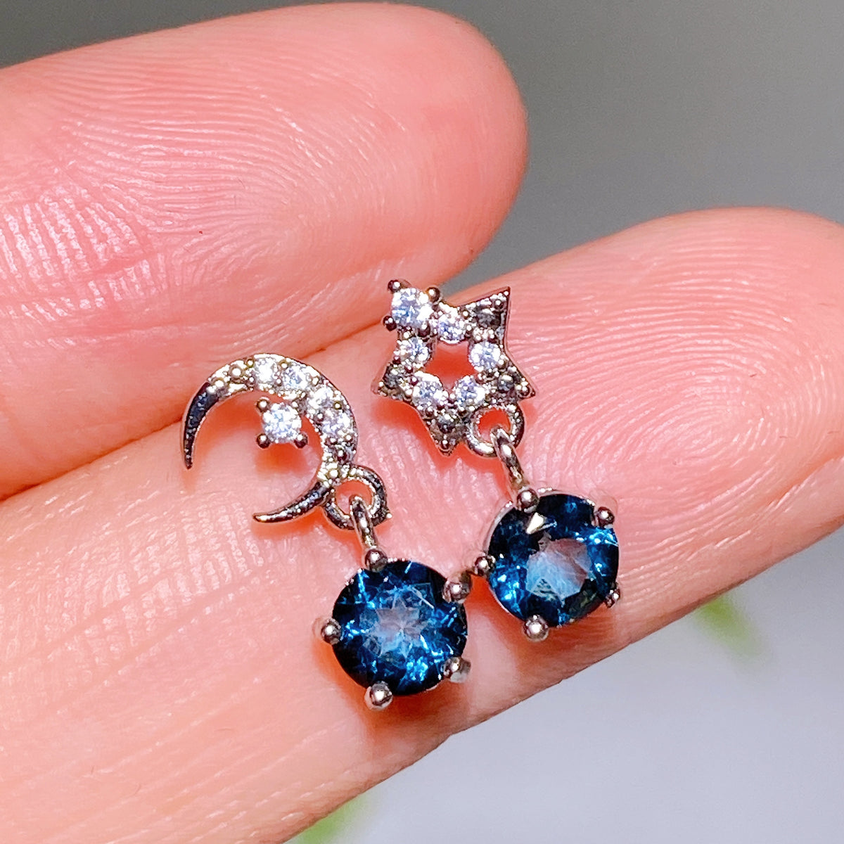 Copper Silver Plated Blue Topaz Sun Moon Star Earrings Wholesale New Arrival