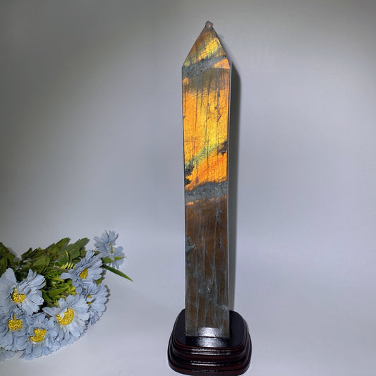 42cm Large Sunset Flash Labradorite Tower with Wooden Stand Crystal Healing