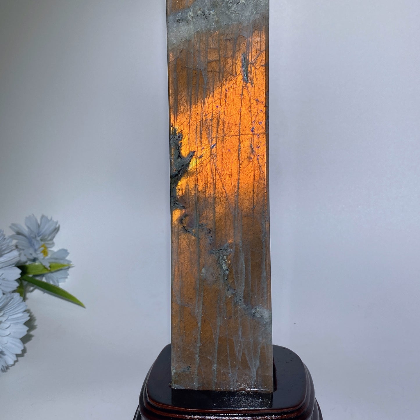 42cm Large Sunset Flash Labradorite Tower with Wooden Stand Bulk Wholesale