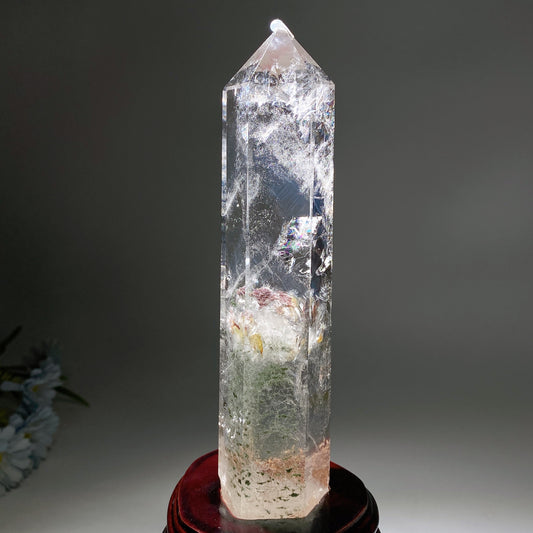 21cm Unique Rainbow Garden Quartz Tower Growing with Blue Needles and Inclusions