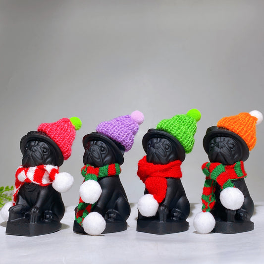 3.8" Black Obsidian Dog Carving with Knit Cap Scarf Wholesale New Arrival