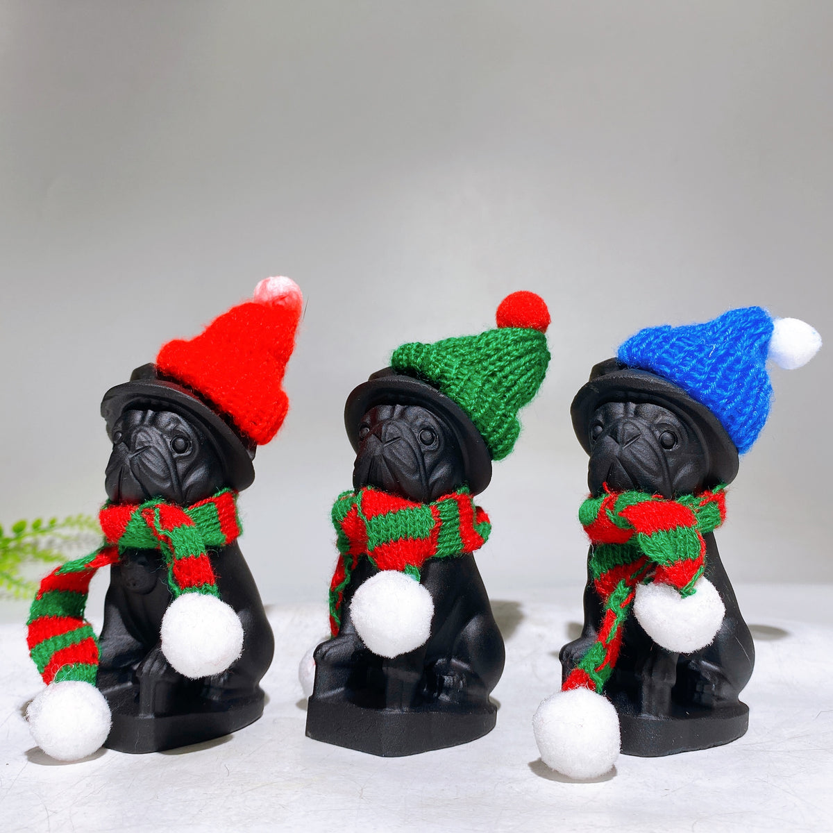 3.8" Black Obsidian Dog Carving with Knit Cap Scarf Wholesale New Arrival