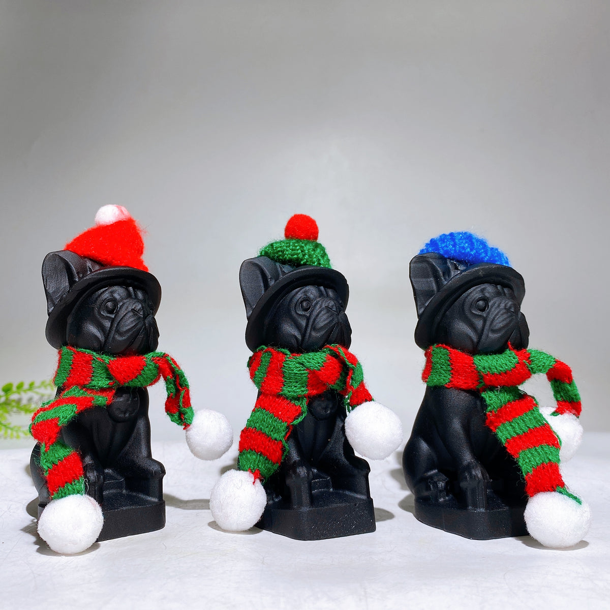 3.8" Black Obsidian Dog Carving with Knit Cap Scarf Wholesale New Arrival