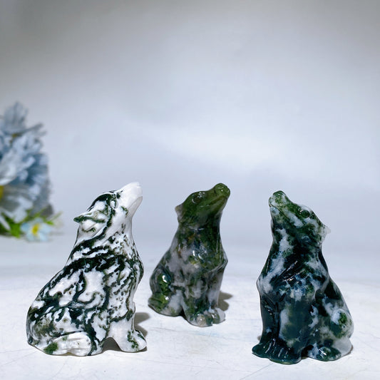1.9" Moss Agate Wolf Carving Crystal Healing Bulk Wholesale