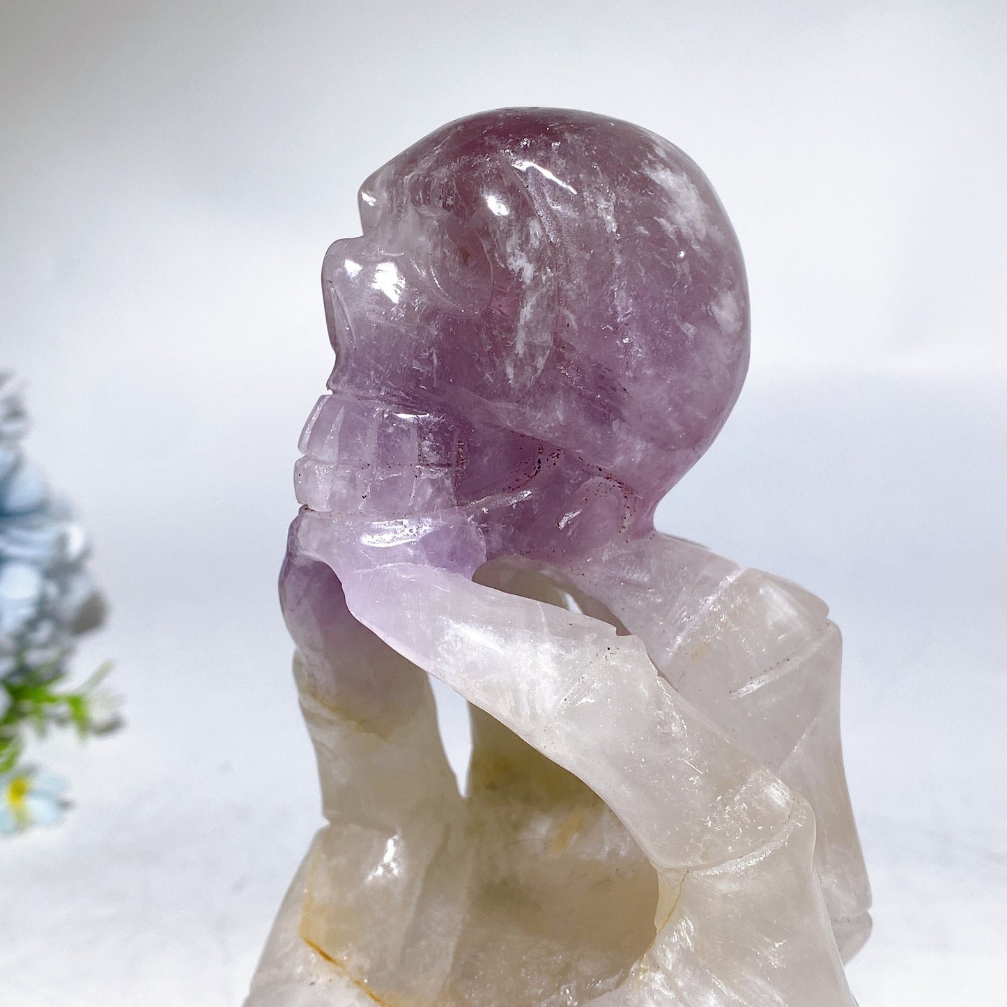 18cm Large Unique Amethyst Grow with Quartz Ghost Hand Holding Skull Carving Crystal Healing Bulk Wholesale