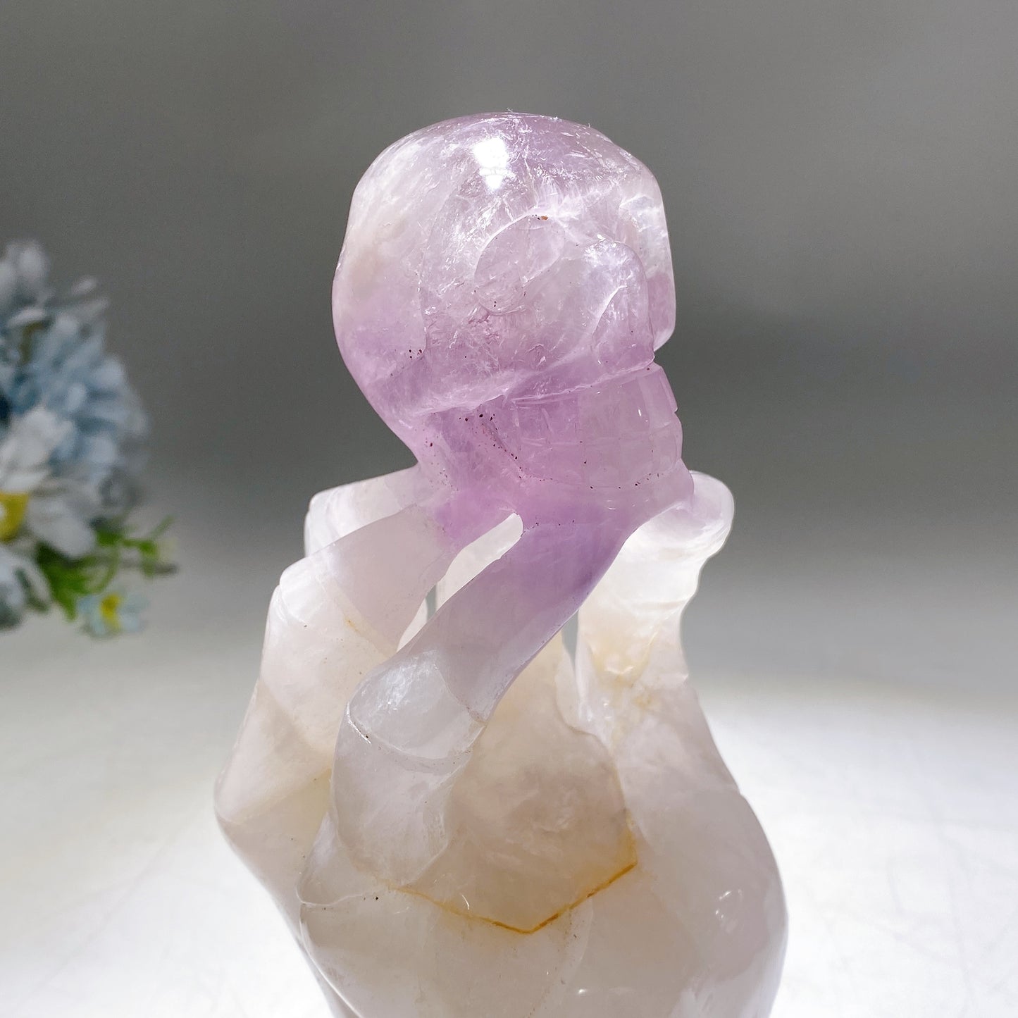 18cm Large Unique Amethyst Grow with Quartz Ghost Hand Holding Skull Carving Crystal Healing Bulk Wholesale
