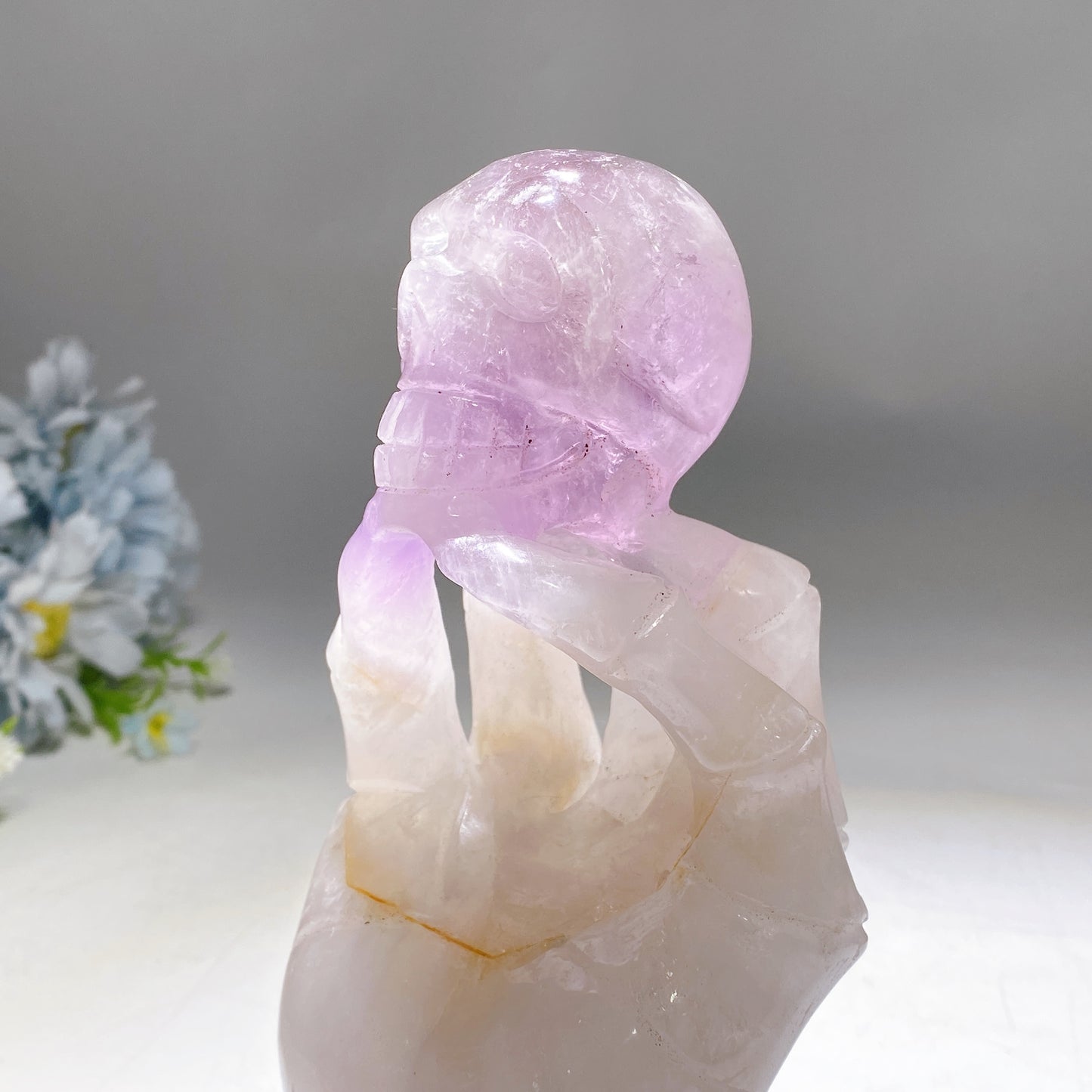 18cm Large Unique Amethyst Grow with Quartz Ghost Hand Holding Skull Carving Crystal Healing Bulk Wholesale