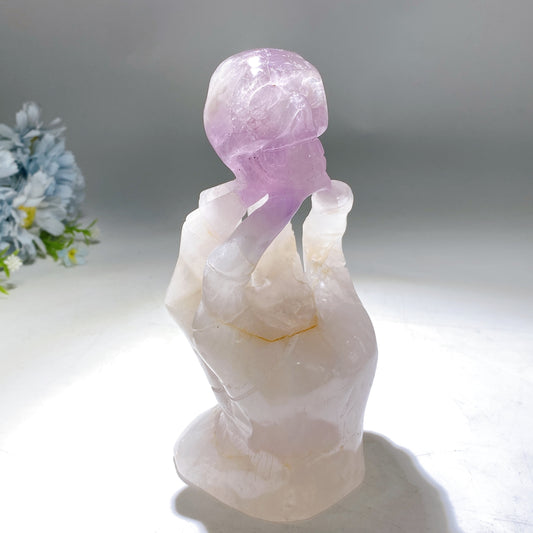 18cm Large Unique Amethyst Grow with Quartz Ghost Hand Holding Skull Carving Crystal Healing Bulk Wholesale