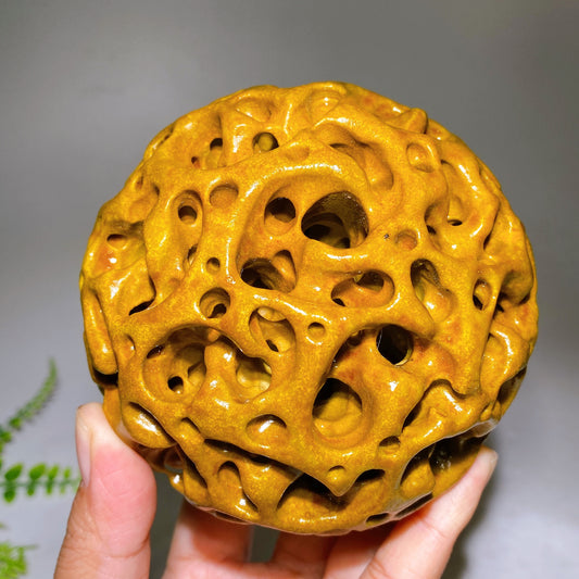 10cm Natural Yellow Mudstone Hollow-Carved Sphere Wholesale