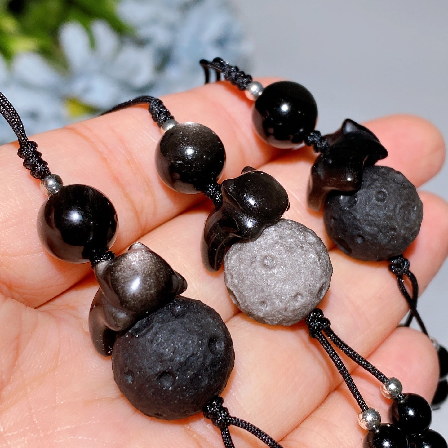 Silver Obsidian Labubu Cat Bag Hanging Phone Hanging Ornament Crystal Healing Bulk Wholesale