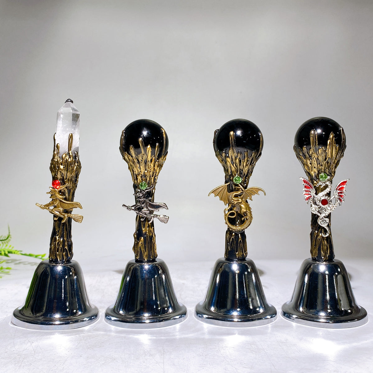 Metal Bell with Black Obsidian Sphere Clear Quartz Point Wholesale