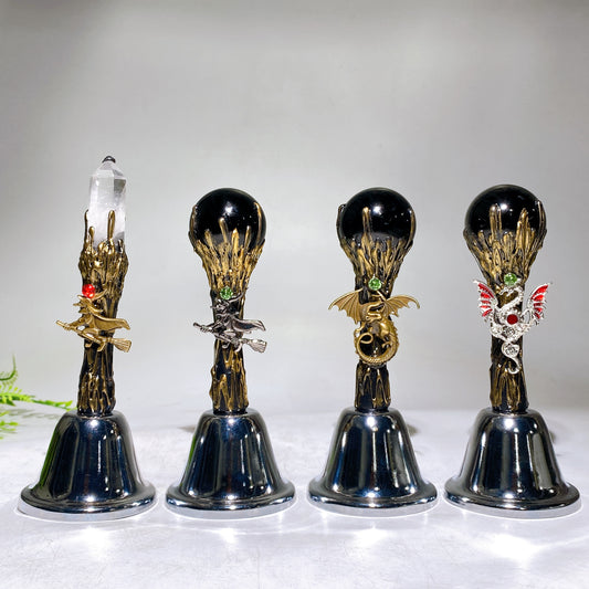Metal Bell with Black Obsidian Sphere Clear Quartz Point Wholesale